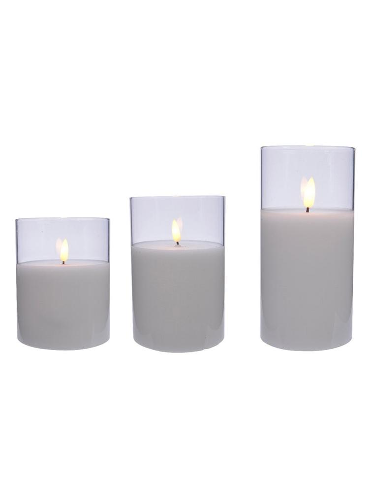 Battery Operated Candles | Set of 3 Battery Operated LED Wax Candle In Glass – White with Clear Glass Battery Operated Candles Battery Operated Candles