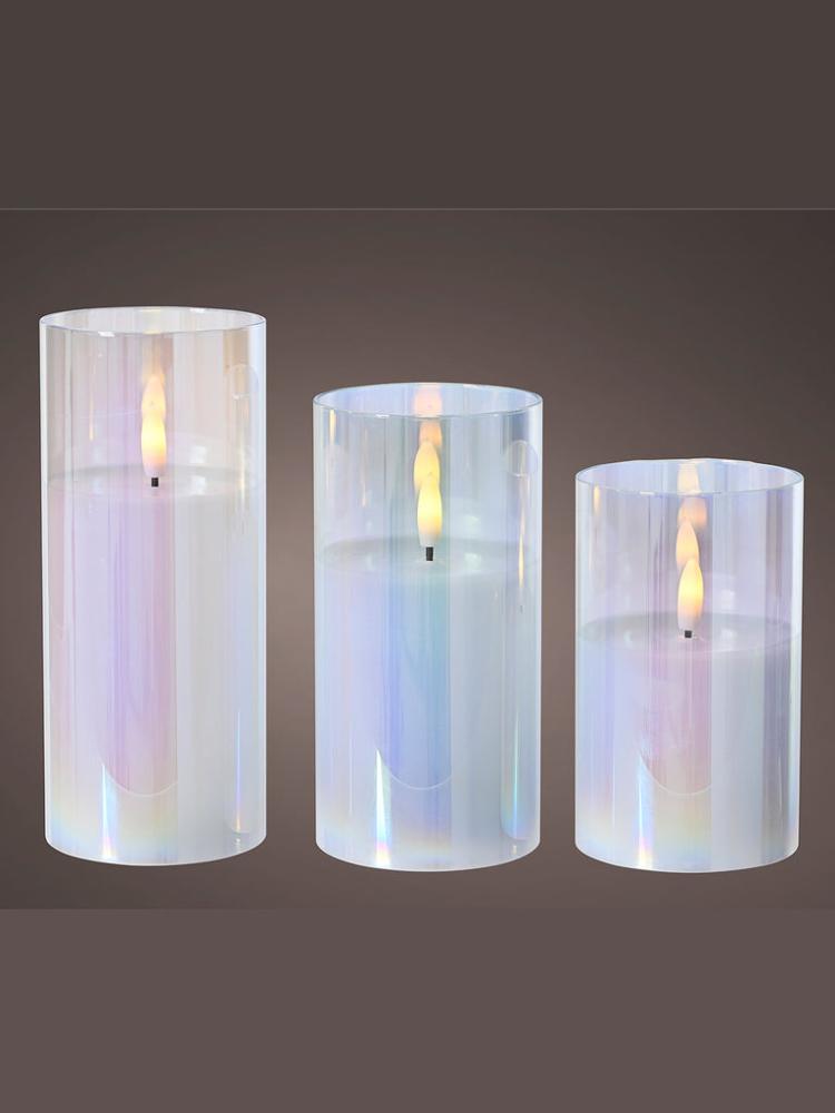 Battery Operated Candles | Set of 3 x Dia 10cm Battery Operated LED Candle In Glass – Iridescent Battery Operated Candles Battery Operated Candles