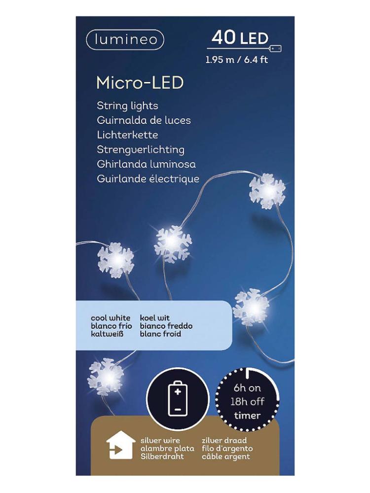 Battery Operated Lights | 40 Static Micro LED Battery Operated Snowflake String Lights – White/Silver Cable Battery Operated Lights Battery Operated Lights