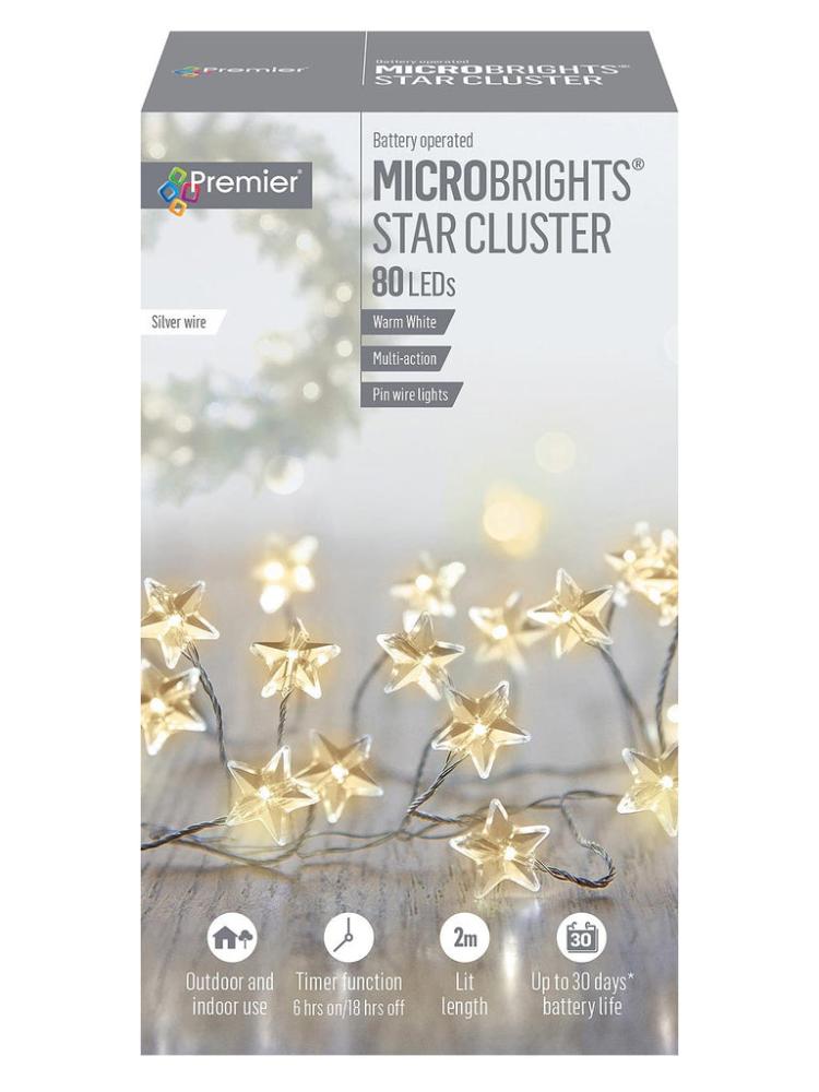 Battery Operated Lights | 80 Battery Operated Multi-Action Microbrights STAR Cluster with Timer – Warm White Leds Battery Operated Lights Battery Operated Lights