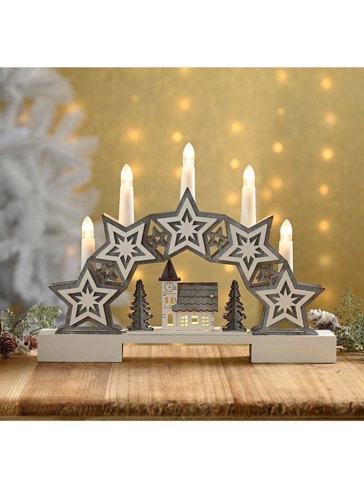 Christmas Candlebridges | 32cm B/O Lit Star and Village Candle Bridge Christmas Candlebridges Christmas Candlebridges