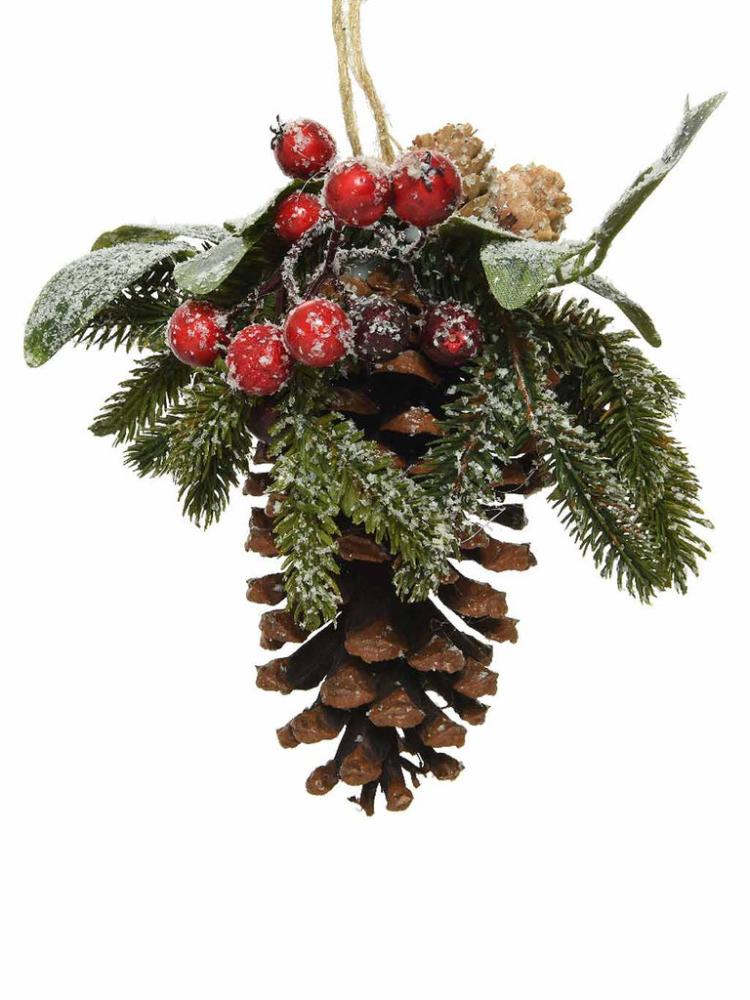 Christmas Floristry | 25cm Pinecone Red Berries Hanger with Frosted Berries Christmas Floristry Christmas Floristry