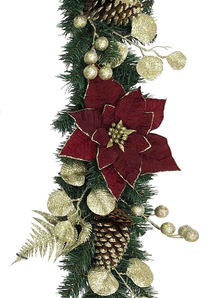 Christmas Garlands | 1.8M (6ft) Dark Red Poinsettia Garland Christmas Garlands Christmas Garlands