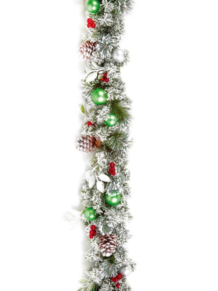 Christmas Garlands | 1.8M (6ft) Flocked Pine Garland with Green Baubles Christmas Garlands Christmas Garlands