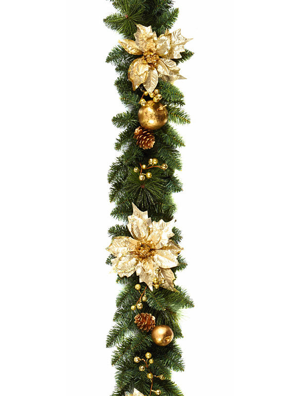 Christmas Garlands | 1.8M (6ft) Gold Poinsettia Christmas Garland with Pinecones Christmas Garlands Christmas Garlands