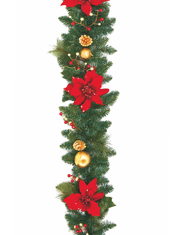 Christmas Garlands | 1.8M (6ft) Poinsettia Christmas Garland Red Gold Christmas Garlands Christmas Garlands