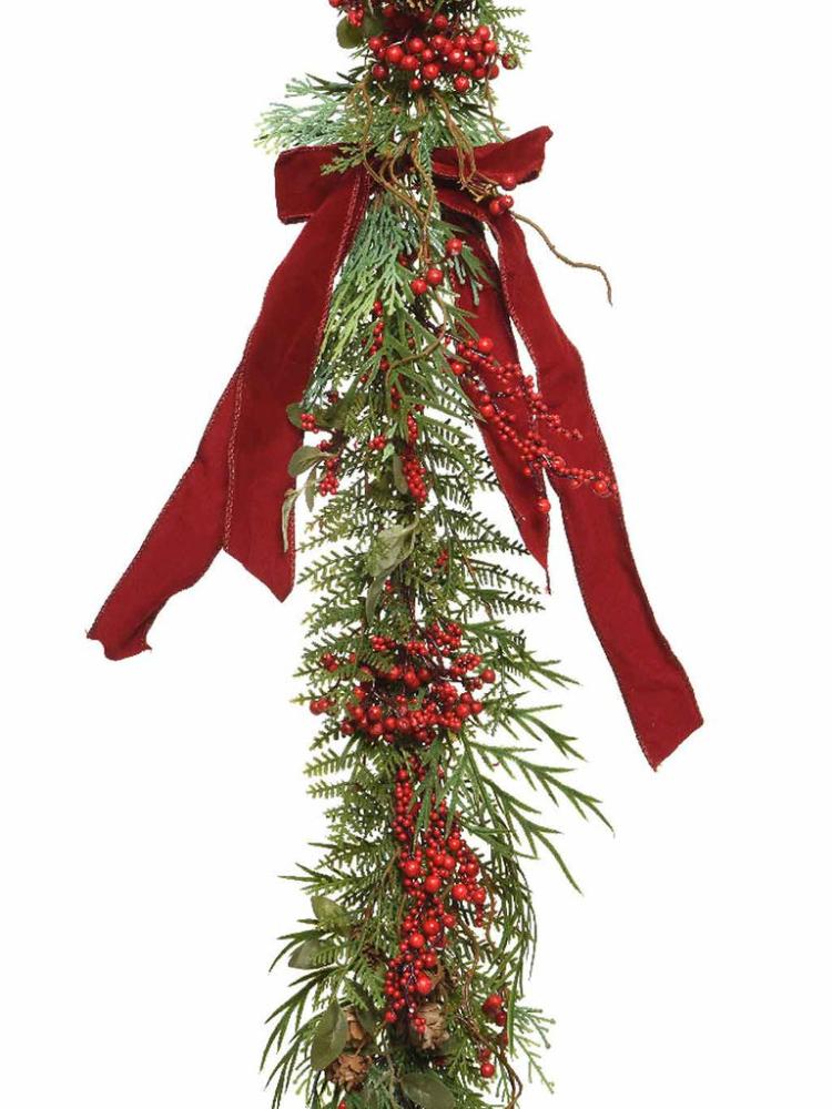 Christmas Garlands | 1.8M PE Garland with Berries & Velvet Bow Christmas Garlands Christmas Garlands