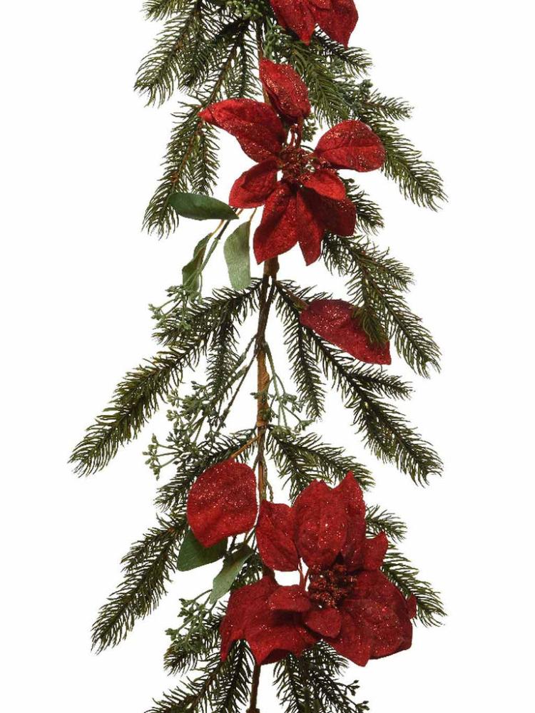 Christmas Garlands | 1.8M PE Garland with Glitter & Poinsettias Christmas Garlands Christmas Garlands