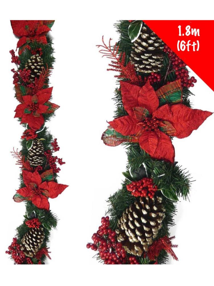 Christmas Garlands | 6ft Tartan Poinsettia Cone Garland Christmas Garlands Christmas Garlands