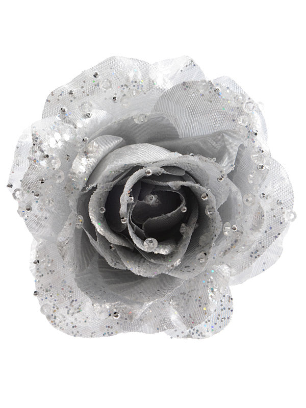 Christmas Picks and Stems | 14cm Clip On Rose – Silver Christmas Picks & Stems Christmas Picks & Stems