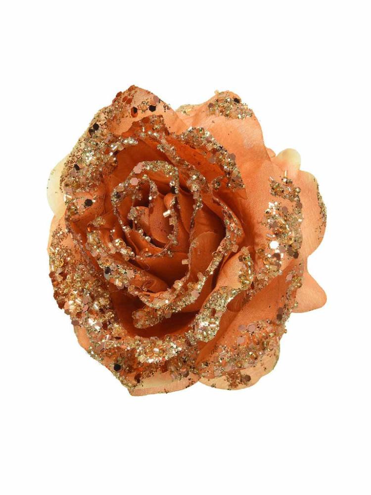 Christmas Picks and Stems | 14cm Rose On Clip with Glitter – Terra Brown Christmas Picks & Stems Christmas Picks & Stems