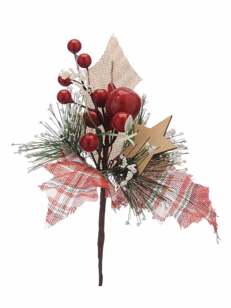 Christmas Picks and Stems | 19cm Frosted Spruce – Tartan Leaves, Pinecone Pick Christmas Picks & Stems Christmas Picks & Stems