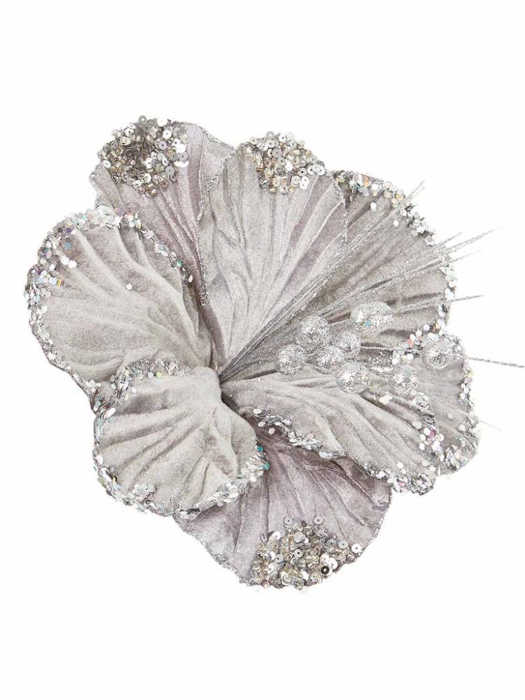 Christmas Picks and Stems | 20cm Hibiscus Clip On Flower – Grey Christmas Picks & Stems Christmas Picks & Stems