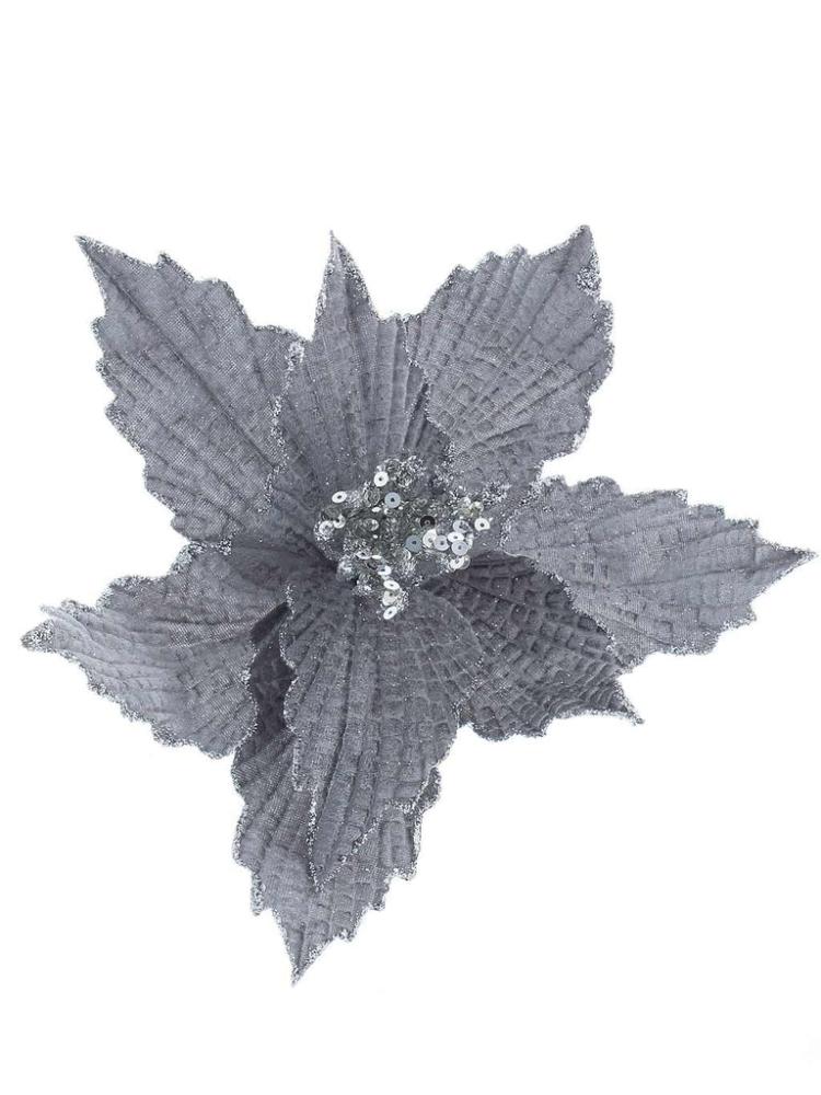 Christmas Picks and Stems | 26cm Silver Poinsettia with Silver Glitter Clip On Christmas Picks & Stems Christmas Picks & Stems