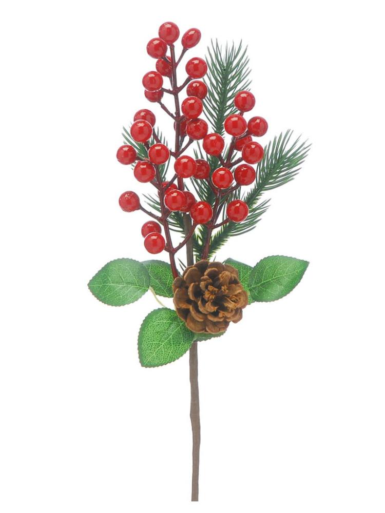 Christmas Picks and Stems | 39cm Red Berry and Pinecone with Green Leaf Pick Christmas Picks & Stems Christmas Picks & Stems