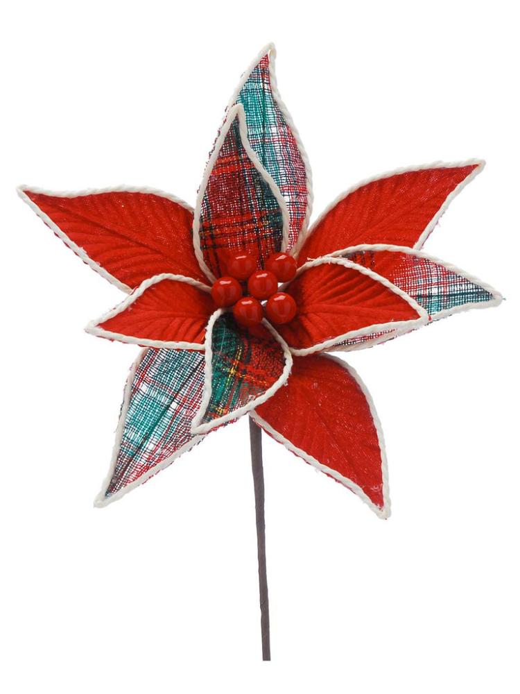 Christmas Picks and Stems | 40cm Green and Red Tartan Poinsettia Christmas Picks & Stems Christmas Picks & Stems