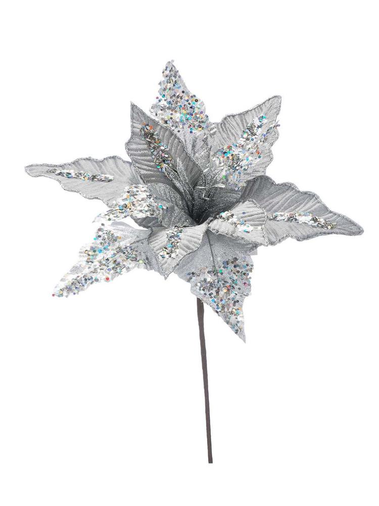 Christmas Picks and Stems | 40cm Silver Poinsettia with Sequins Stem Christmas Picks & Stems Christmas Picks & Stems