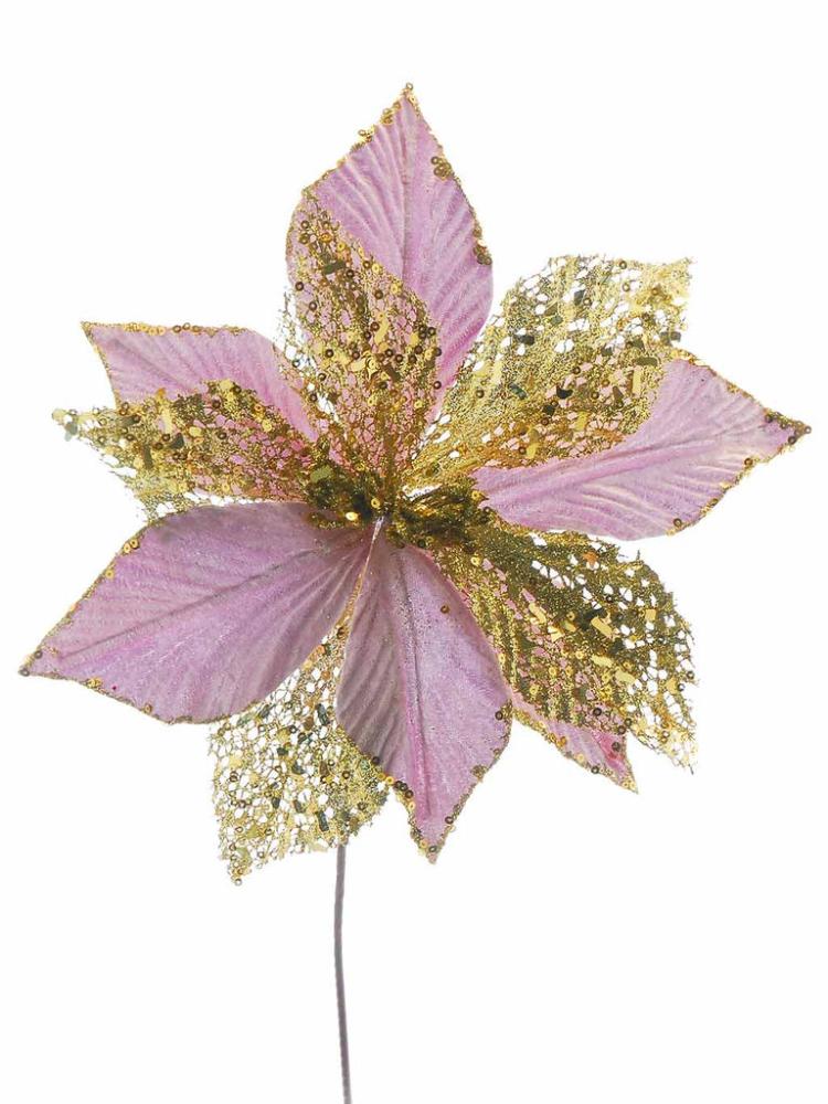 Christmas Picks and Stems | 44cm Lilac with Gold Glitter Poinsettia Stem Christmas Picks & Stems Christmas Picks & Stems