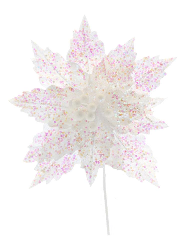 Christmas Picks and Stems | 47cm White Glitter Sequin Poinsettia Stem Christmas Picks & Stems Christmas Picks & Stems