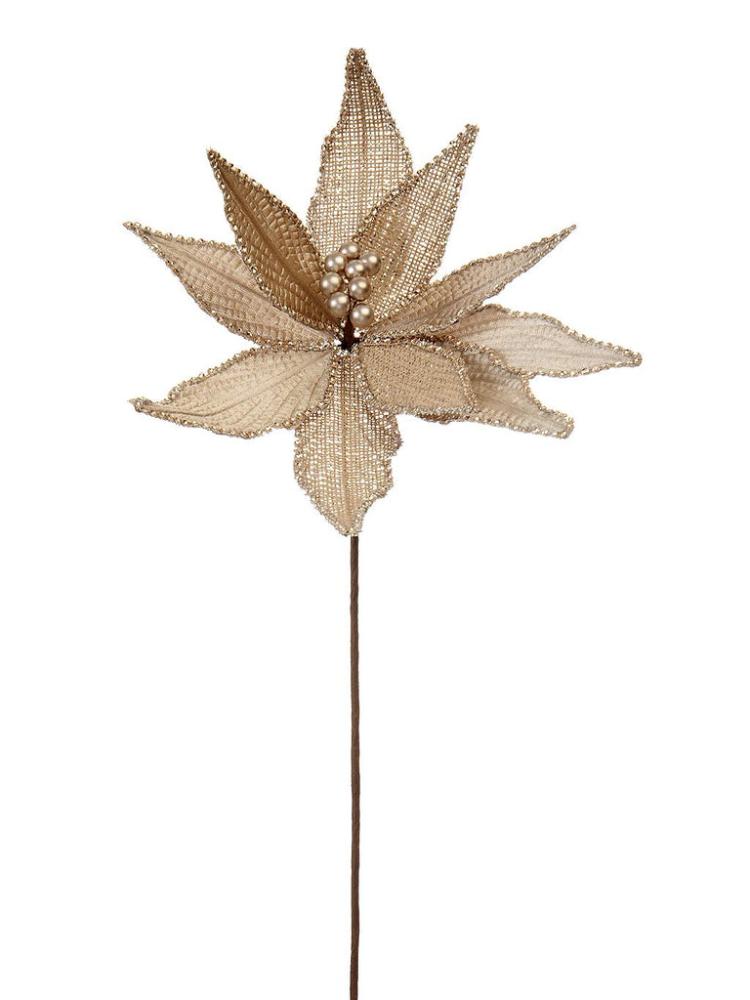 Christmas Picks and Stems | 50cm Cream & Gold Poinsettia Stem With Glitter Christmas Picks & Stems Christmas Picks & Stems