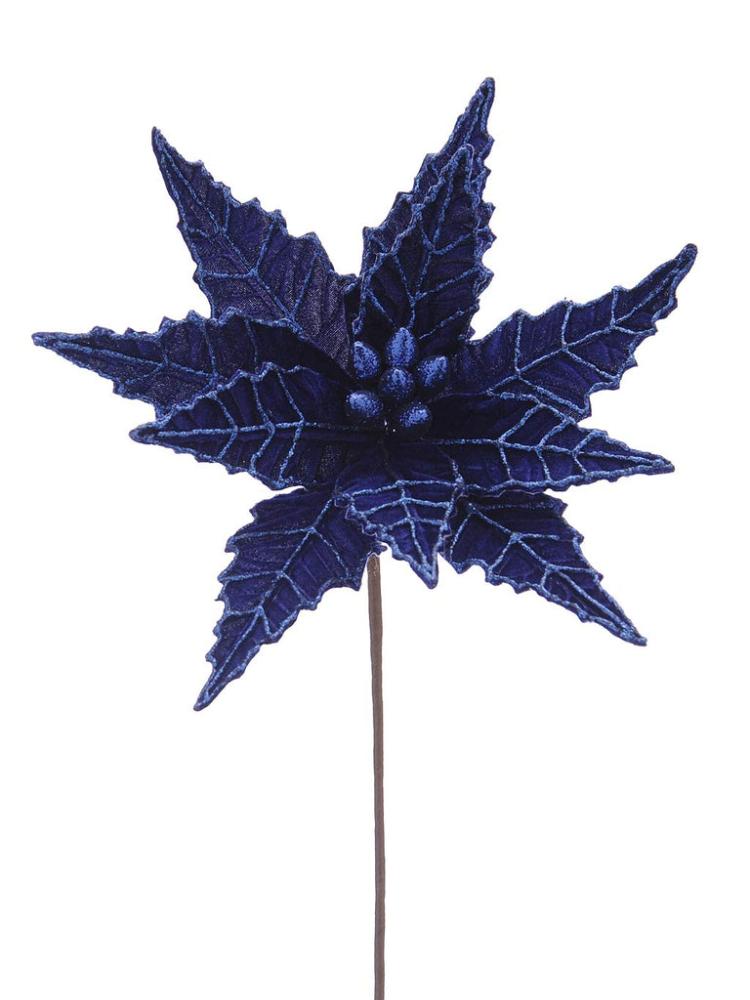 Christmas Picks and Stems | 50cm Dark Blue with Glitter Poinsettia Stem Christmas Picks & Stems Christmas Picks & Stems