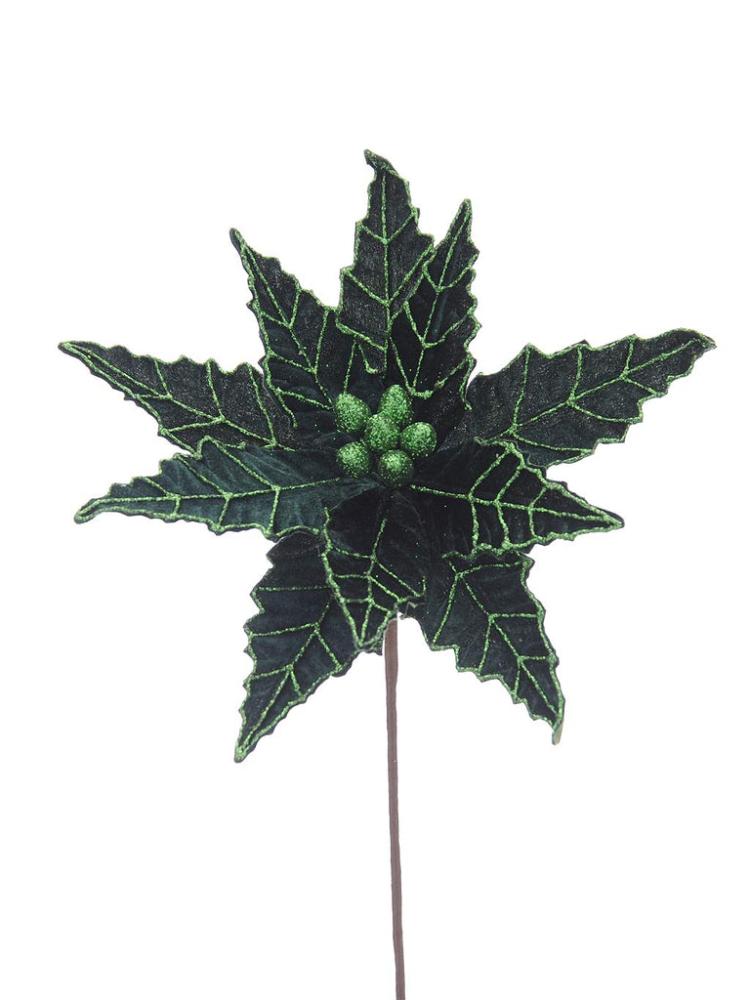 Christmas Picks and Stems | 50cm Dark Green with Glitter Poinsettia Stem Christmas Picks & Stems Christmas Picks & Stems