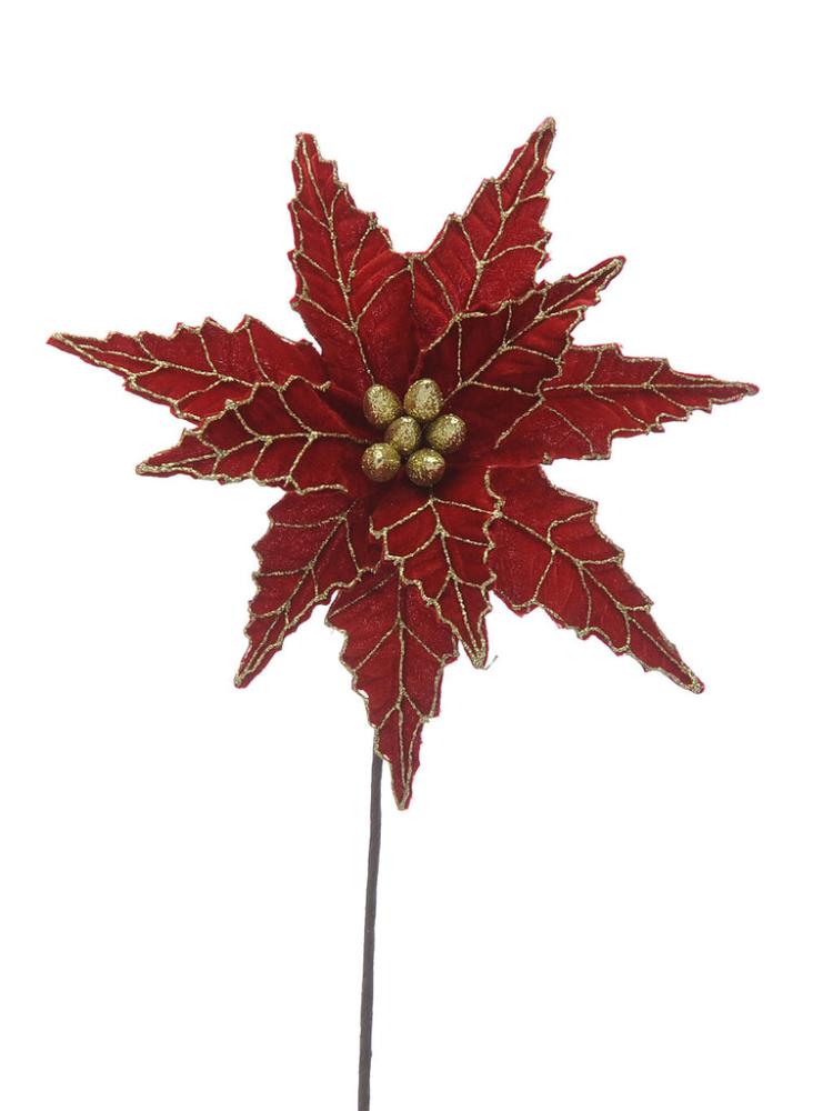 Christmas Picks and Stems | 50cm Velvet Poinsettia with Glitter Stem Christmas Picks & Stems Christmas Picks & Stems