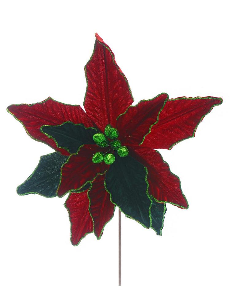 Christmas Picks and Stems | 52cm Red and Rich Green Poinsettia Stem Christmas Picks & Stems Christmas Picks & Stems