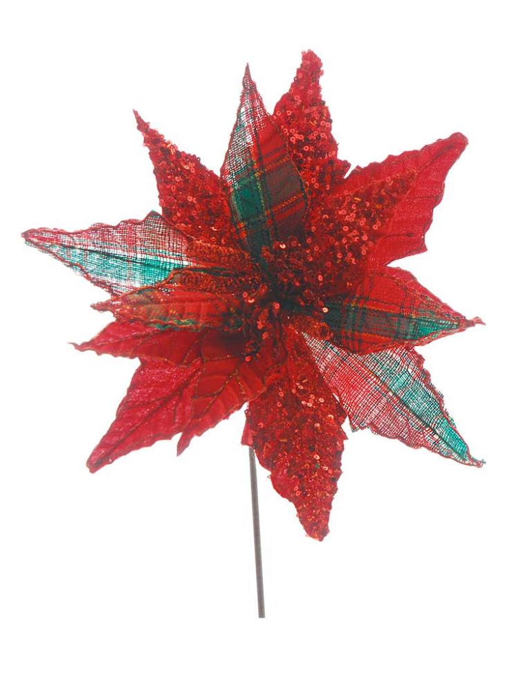 Christmas Picks and Stems | 54cm Red and Tartan with Glitter Poinsettia Stem Christmas Picks & Stems Christmas Picks & Stems