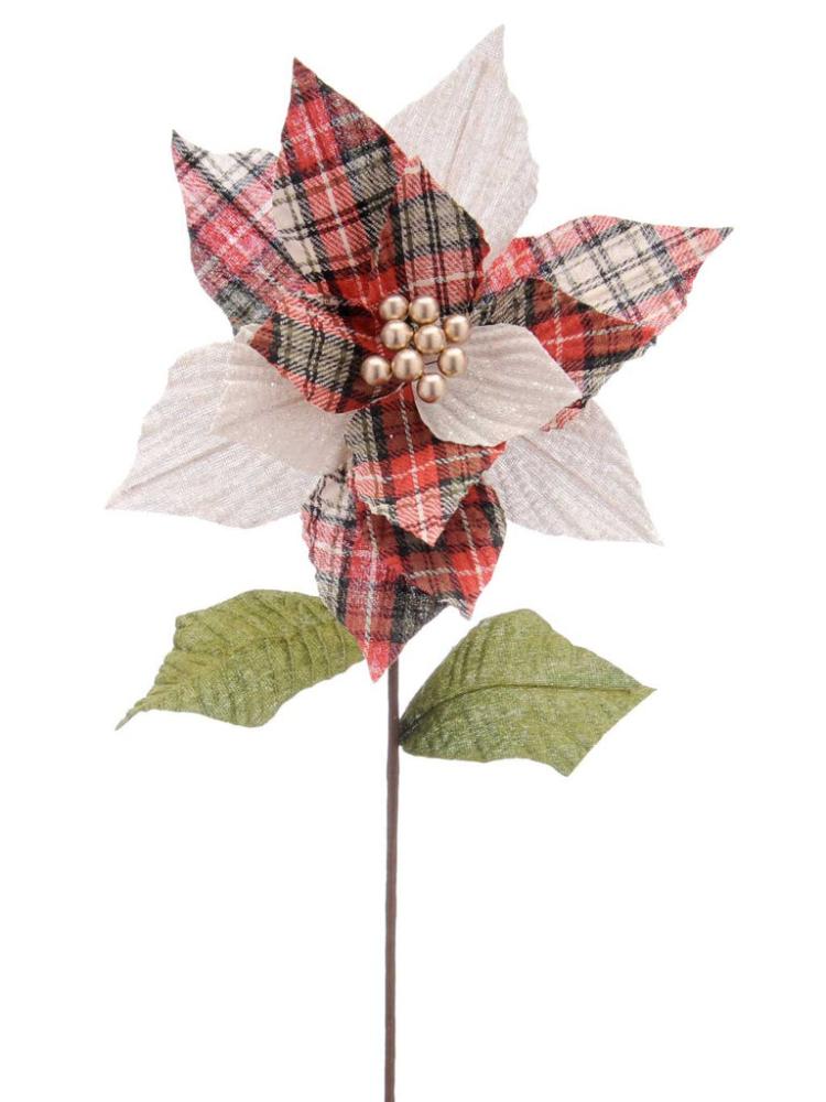 Christmas Picks and Stems | 56cm Tartan Poinsettia Stem Christmas Picks & Stems Christmas Picks & Stems