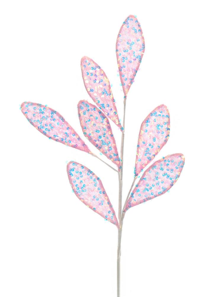 Christmas Picks and Stems | 69cm Light Pink and Iris Glitter Sequin Leaf Stem Christmas Picks & Stems Christmas Picks & Stems