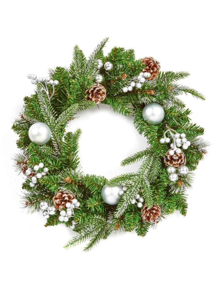 Christmas Wreaths | 40cm Silver Decorative Wreath PE/PVC Baubles & Cones Christmas Wreaths Christmas Wreaths