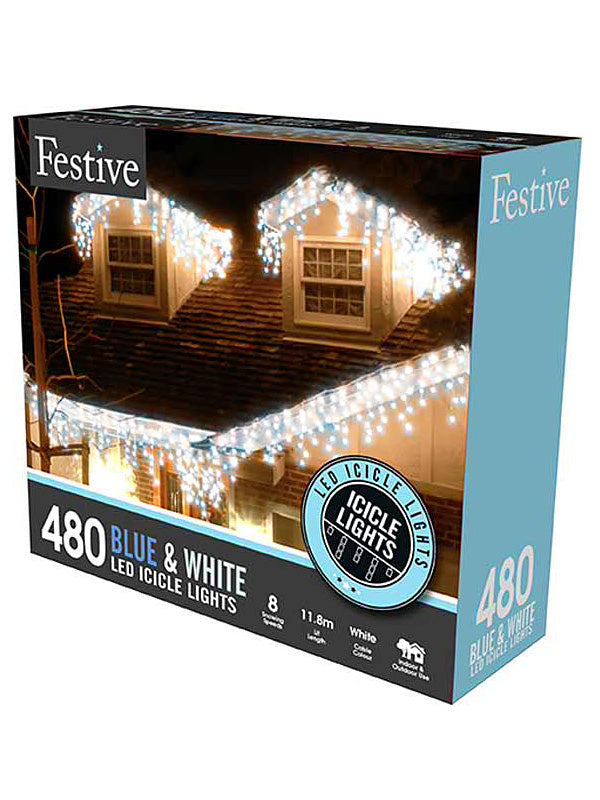 Icicle Lights | 480 LED Snowing Icicle Christmas Lights – Blue & White Icicle Lights Icicle Lights