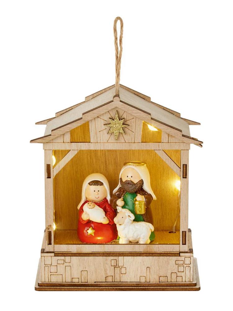 Lit Christmas Decorations | 14cm B/O Lit Wood Stable with Nativity Scene Indoor Christmas Lights Lit Christmas Decorations