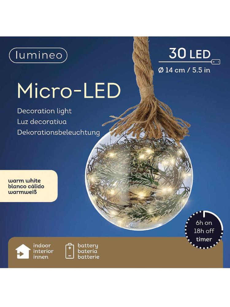 Lit Christmas Decorations | 14cm x 30 Micro LED Battery Operated Ball On Rope – Warm White Indoor Christmas Lights Lit Christmas Decorations