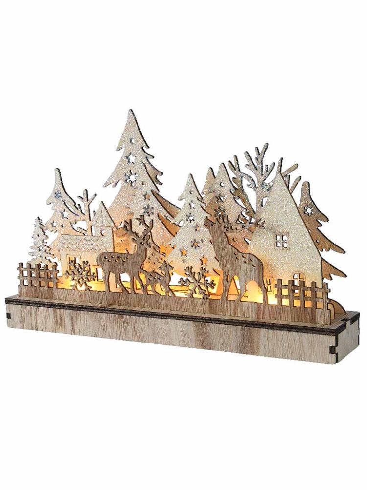 Lit Christmas Decorations | 19cm B/O Wooden Reindeer Scene with Warm White LEDs Indoor Christmas Lights Lit Christmas Decorations