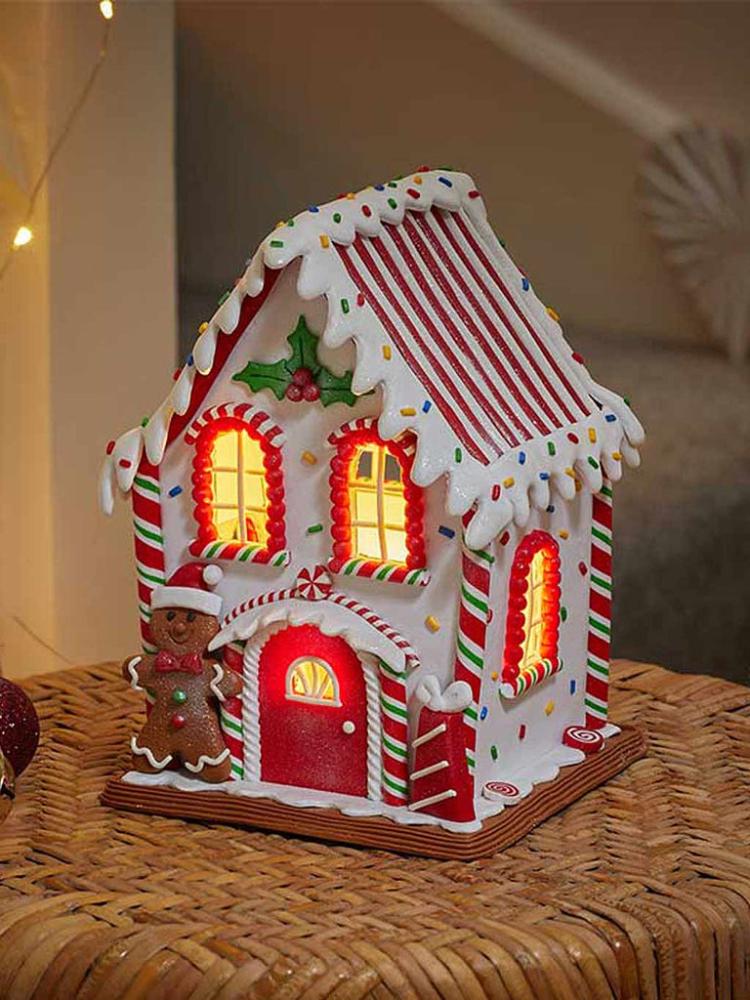 Lit Christmas Decorations | 20 x 15 x 14cm LED Gingerbread Candy Cabin Indoor Christmas Lights Lit Christmas Decorations