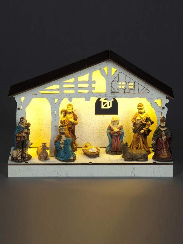 Lit Christmas Decorations | 20cm Wooden Nativity Scene with LEDs Indoor Christmas Lights Lit Christmas Decorations