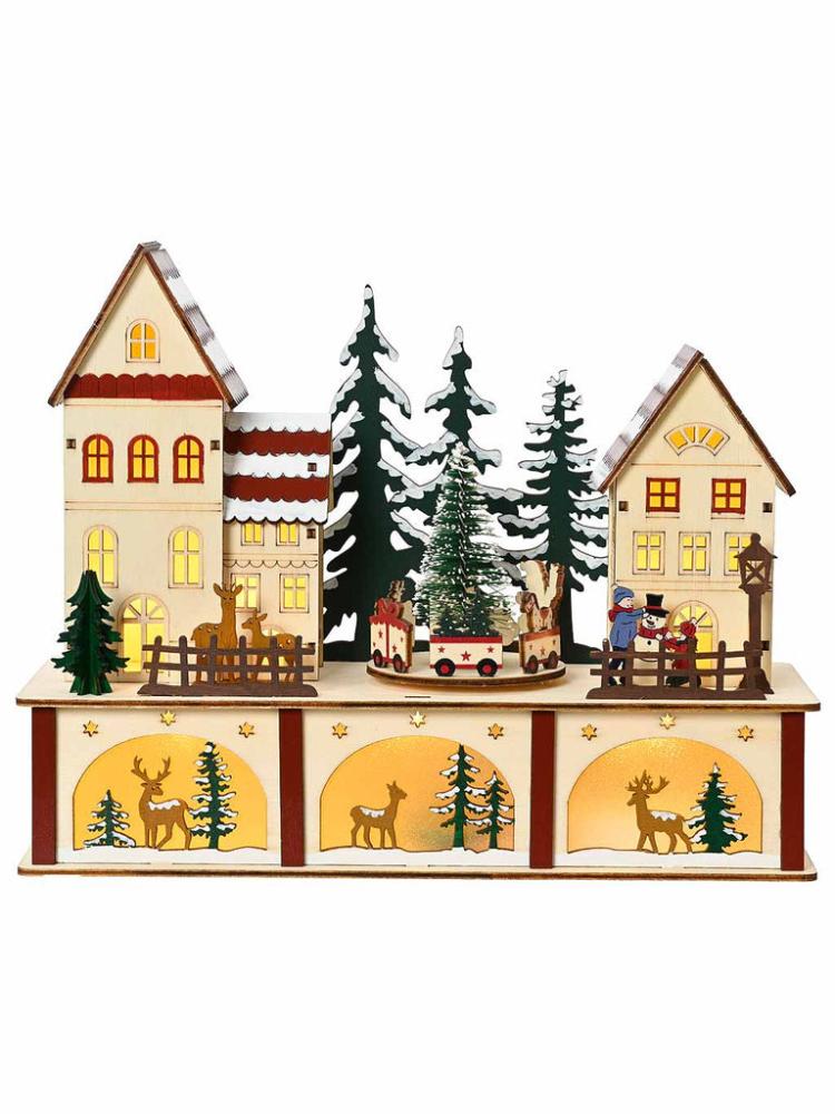 Lit Christmas Decorations | 27 x 22cm B/O Wooden LED Scenery Houses & Trees Indoor Christmas Lights Lit Christmas Decorations