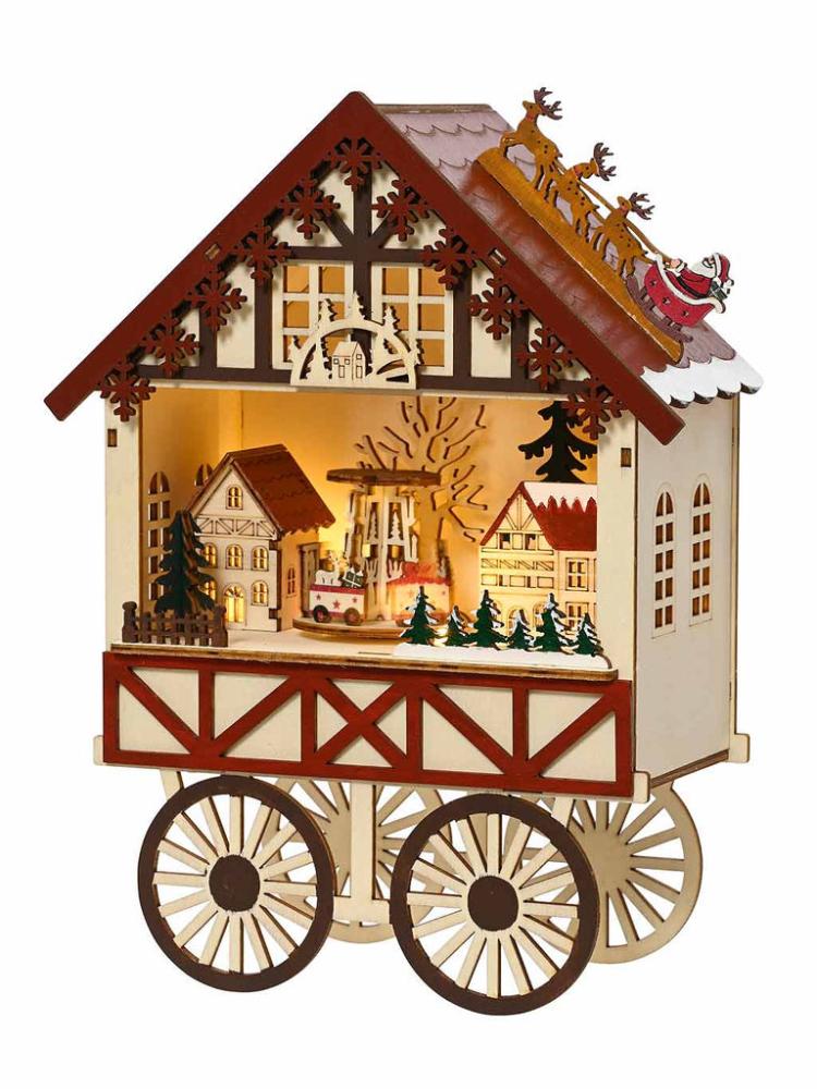 Lit Christmas Decorations | 27cm B/O Wooden LED Scenery Wagon House Indoor Christmas Lights Lit Christmas Decorations