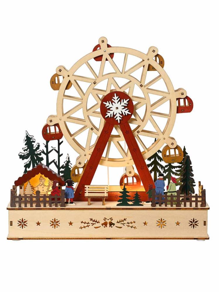 Lit Christmas Decorations | 28 x 28cm B/O Wooden LED Ferris Wheel Scenery Indoor Christmas Lights Lit Christmas Decorations