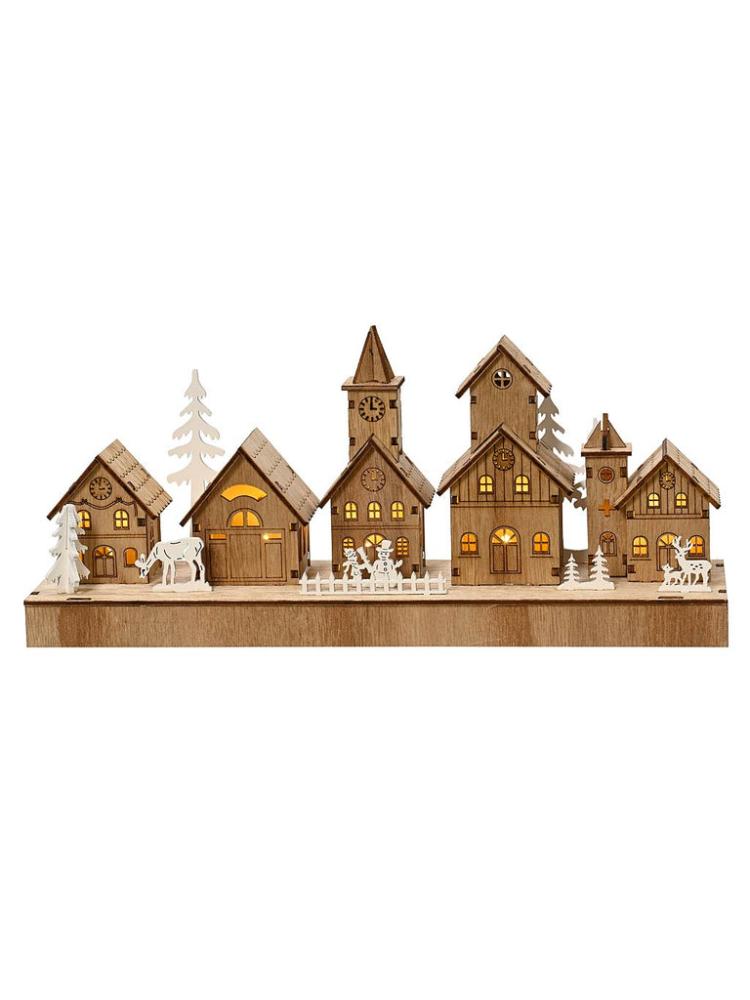 Lit Christmas Decorations | 30 x 13cm B/O Wooden Village Scene with Deer Indoor Christmas Lights Lit Christmas Decorations