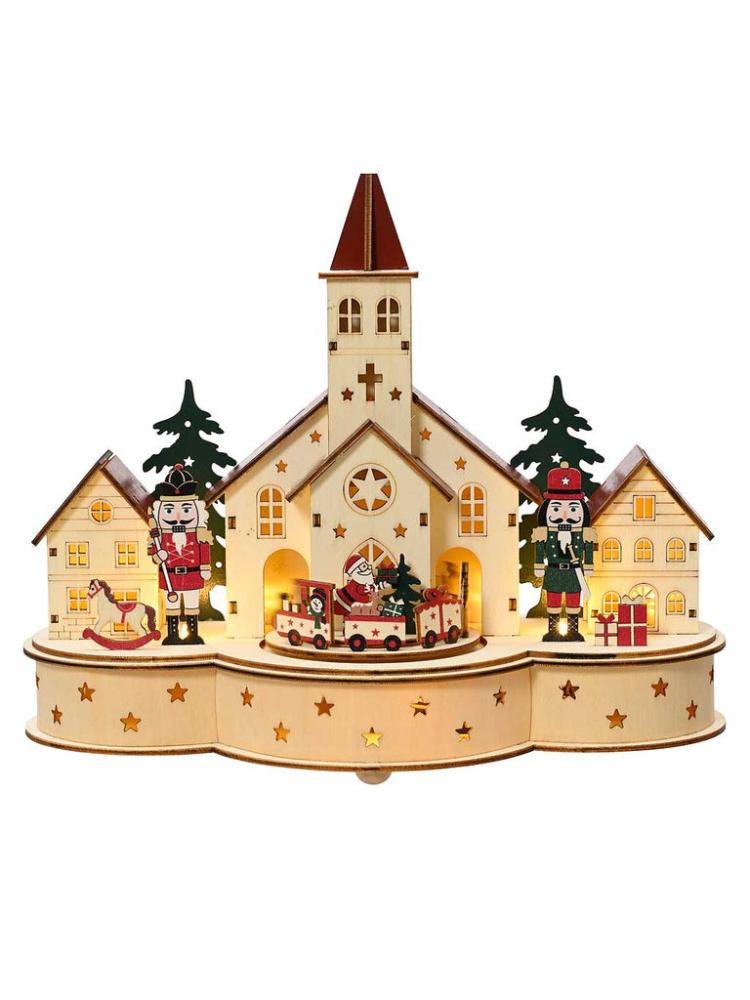 Lit Christmas Decorations | 30 x 24cm B/O Wooden Church with Nutcracker Scenery Indoor Christmas Lights Lit Christmas Decorations