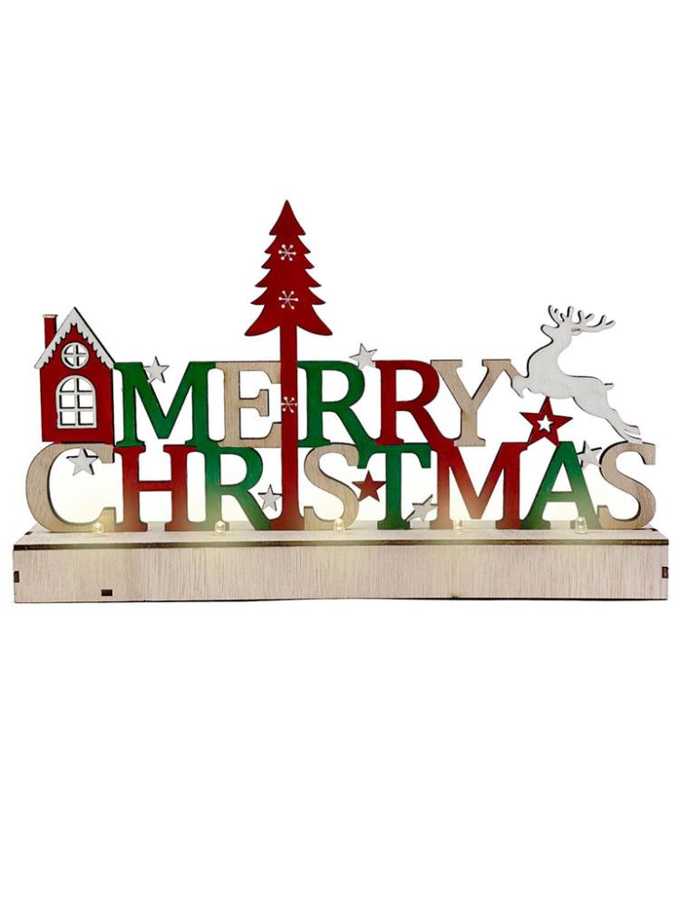 Lit Christmas Decorations | 30cm B/O LED Merry Christmas Wooden Decoration with Tree Indoor Christmas Lights Lit Christmas Decorations