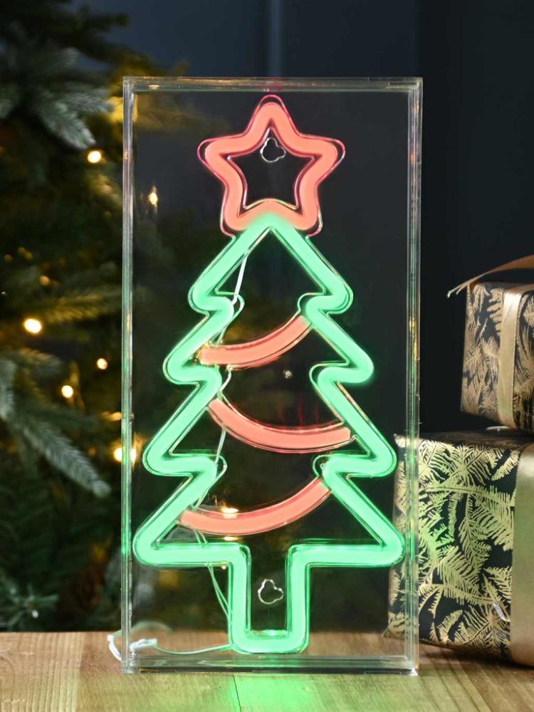 Lit Christmas Decorations | 30cm Neon Flex Xmas Tree Sign – Green/Red Indoor Christmas Lights Lit Christmas Decorations