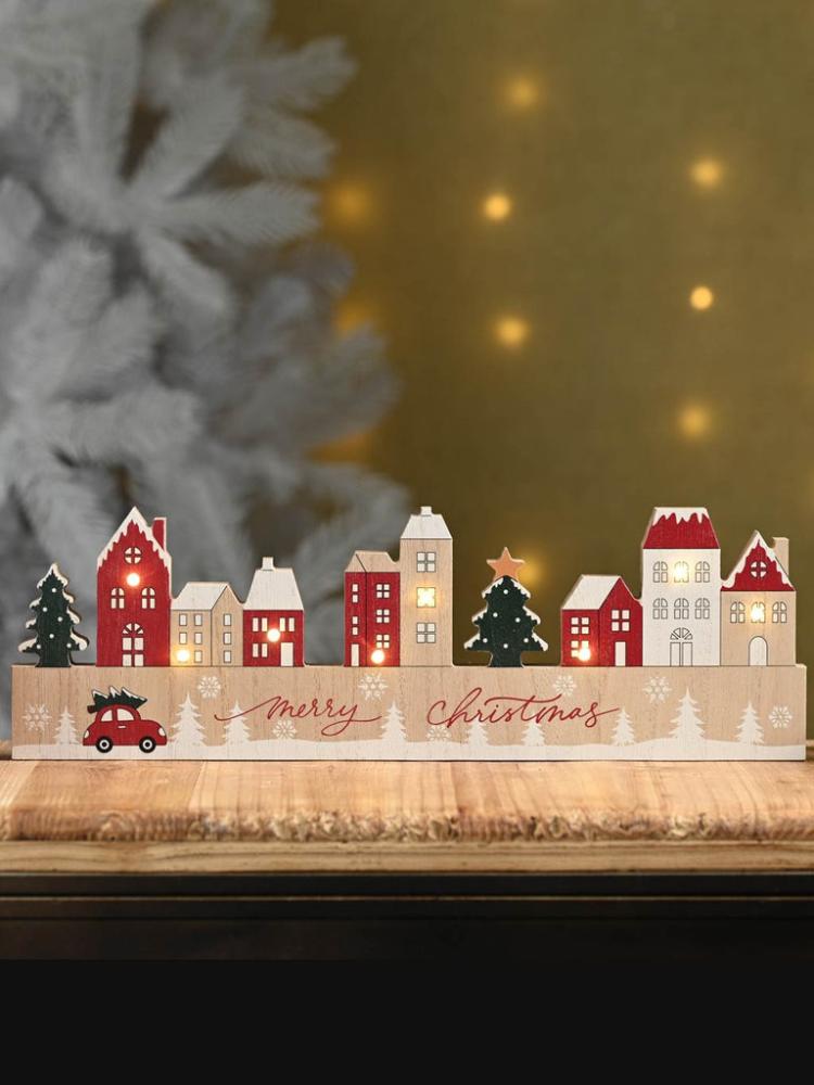 Lit Christmas Decorations | 38cm B/O Lit Wooden Village Scene Indoor Christmas Lights Lit Christmas Decorations