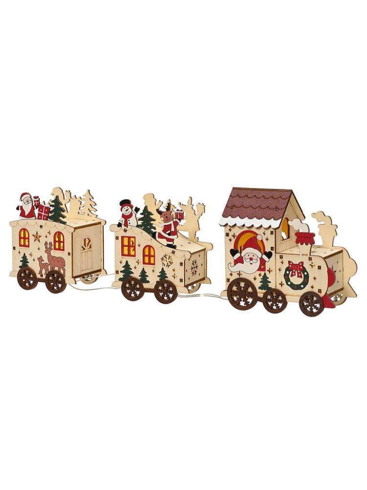 Lit Christmas Decorations | 39 x 12cm B/O Wooden Train with Xmas Characters Indoor Christmas Lights Lit Christmas Decorations