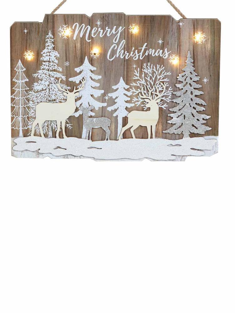 Lit Christmas Decorations | 39 x 28cm B/O Reindeer Forest Hanging Plaque with LEDs Indoor Christmas Lights Lit Christmas Decorations