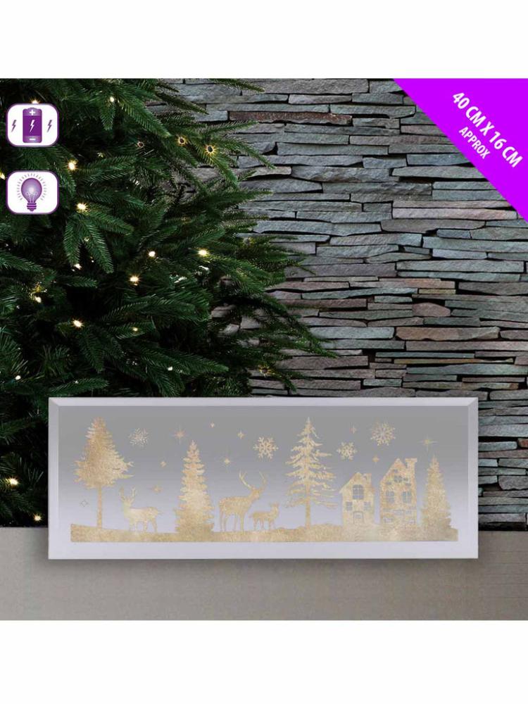 Lit Christmas Decorations | 40 x 16cm Mirror Light with Reindeer Scene Indoor Christmas Lights Lit Christmas Decorations