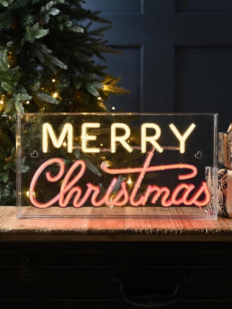 Lit Christmas Decorations | 43cm Neon Flex Merry Christmas Sign – Warm White/Red Indoor Christmas Lights Lit Christmas Decorations